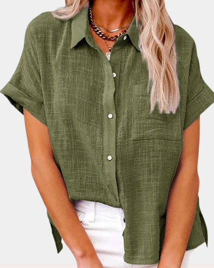 Women's Linen-Look Short Sleeve Shirt with Chest Pocket and Side Vents