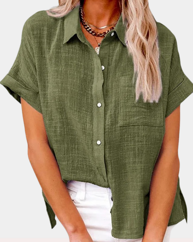Women's Linen-Look Short Sleeve Shirt with Chest Pocket and Side Vents