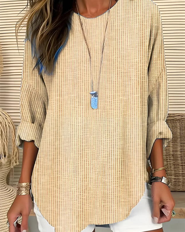 Women's Striped Round Neck Top with Rolled Sleeves and Curved Hem