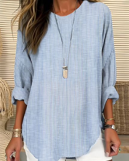 Women's Striped Round Neck Top with Rolled Sleeves and Curved Hem