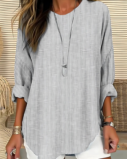 Women's Striped Round Neck Top with Rolled Sleeves and Curved Hem