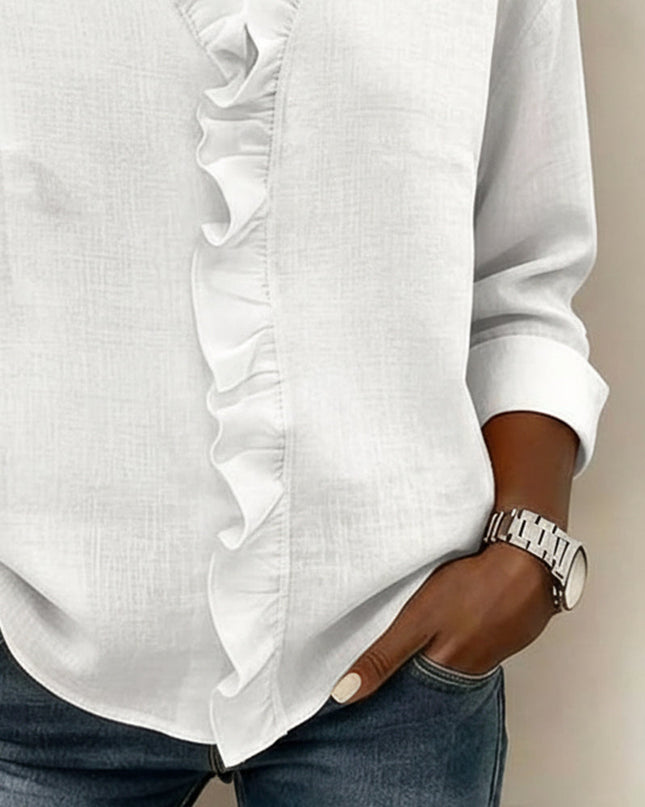 Women's Linen-Look Blouse with V-Neck Ruffle Trim and Turnback Cuffs