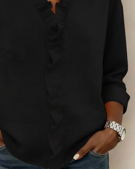 Women's Linen-Look Blouse with V-Neck Ruffle Trim and Turnback Cuffs