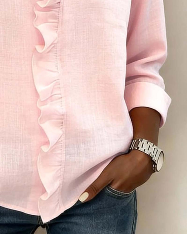 Women's Linen-Look Blouse with V-Neck Ruffle Trim and Turnback Cuffs