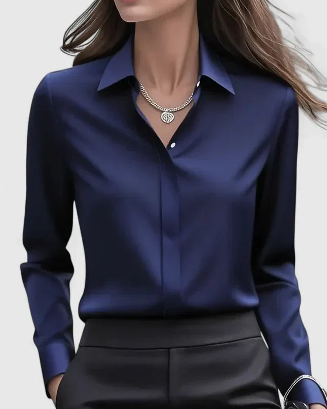Women's Satin Concealed-Button Shirt with Point Collar and Fitted Cuffs