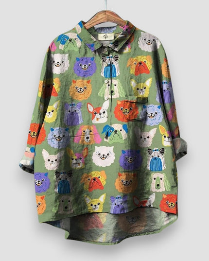 Women's Illustrated Dog Print Linen-Look Shirt with Point Collar