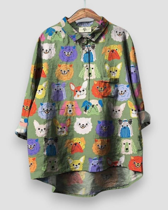 Women's Illustrated Dog Print Linen-Look Shirt with Point Collar