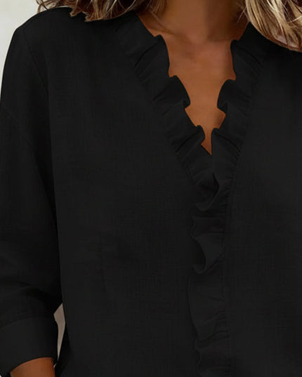Women's Linen-Look Blouse with V-Neck Ruffle Trim and Turnback Cuffs