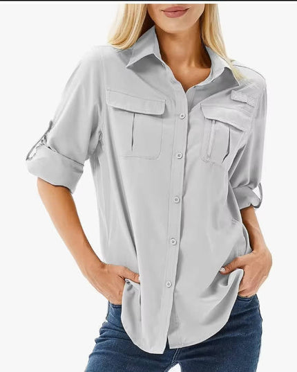 Women's Roll-Sleeve Shirt with Dual Chest Pockets and Point Collar