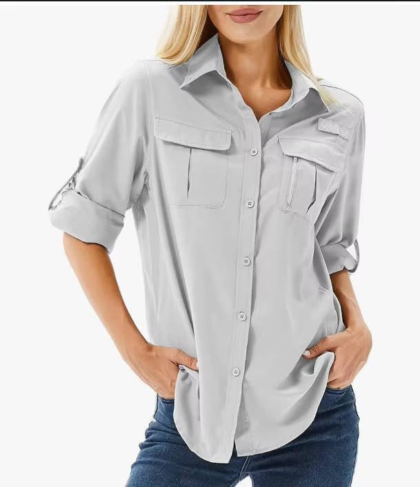 Women's Roll-Sleeve Shirt with Dual Chest Pockets and Point Collar
