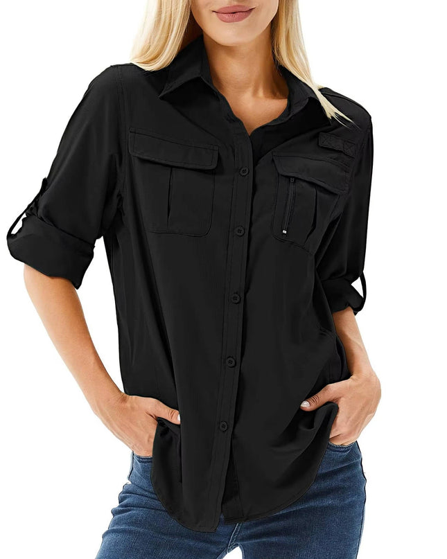 Women's Roll-Sleeve Shirt with Dual Chest Pockets and Point Collar