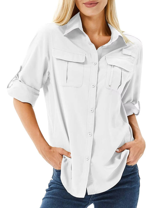 Women's Roll-Sleeve Shirt with Dual Chest Pockets and Point Collar