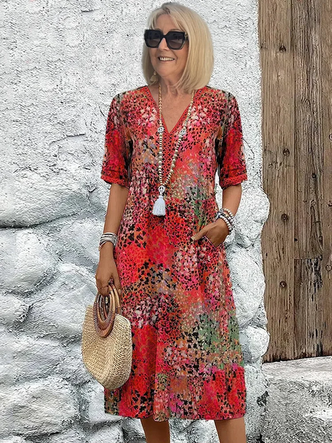 Brooklyn | Elegant Printed V Neck Short Sleeve Midi Dress
