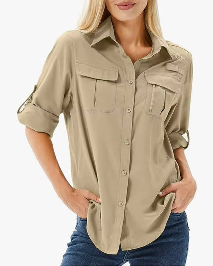 Women's Roll-Sleeve Shirt with Dual Chest Pockets and Point Collar