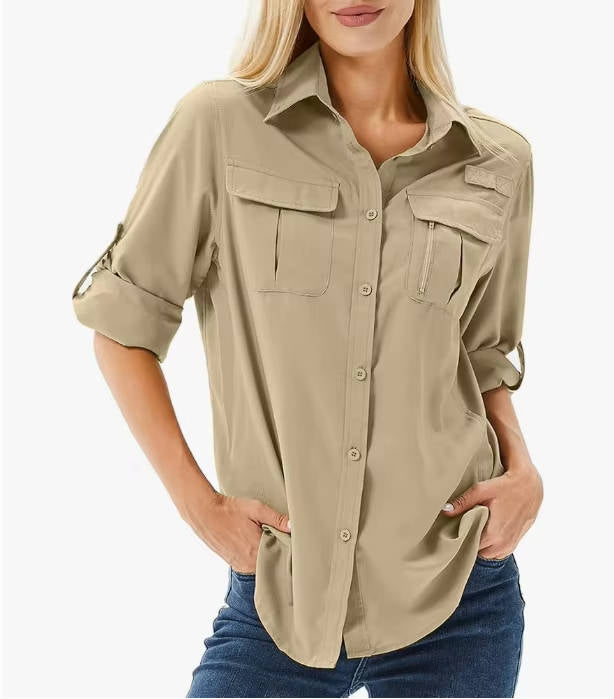 Women's Roll-Sleeve Shirt with Dual Chest Pockets and Point Collar