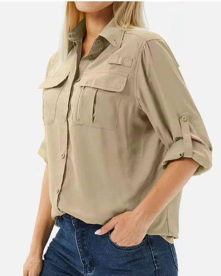 Women's Roll-Sleeve Shirt with Dual Chest Pockets and Point Collar