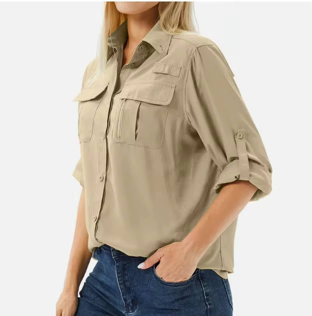 Women's Roll-Sleeve Shirt with Dual Chest Pockets and Point Collar
