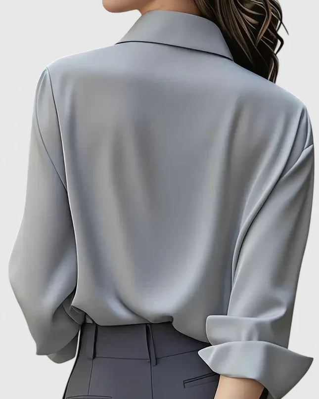 Women's Satin Concealed-Button Shirt with Point Collar and Fitted Cuffs