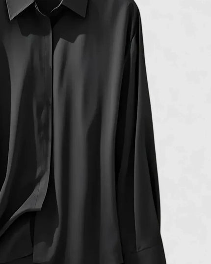 Women's Satin Concealed-Button Shirt with Point Collar and Fitted Cuffs