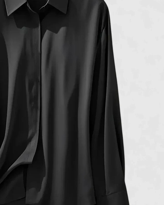 Women's Satin Concealed-Button Shirt with Point Collar and Fitted Cuffs