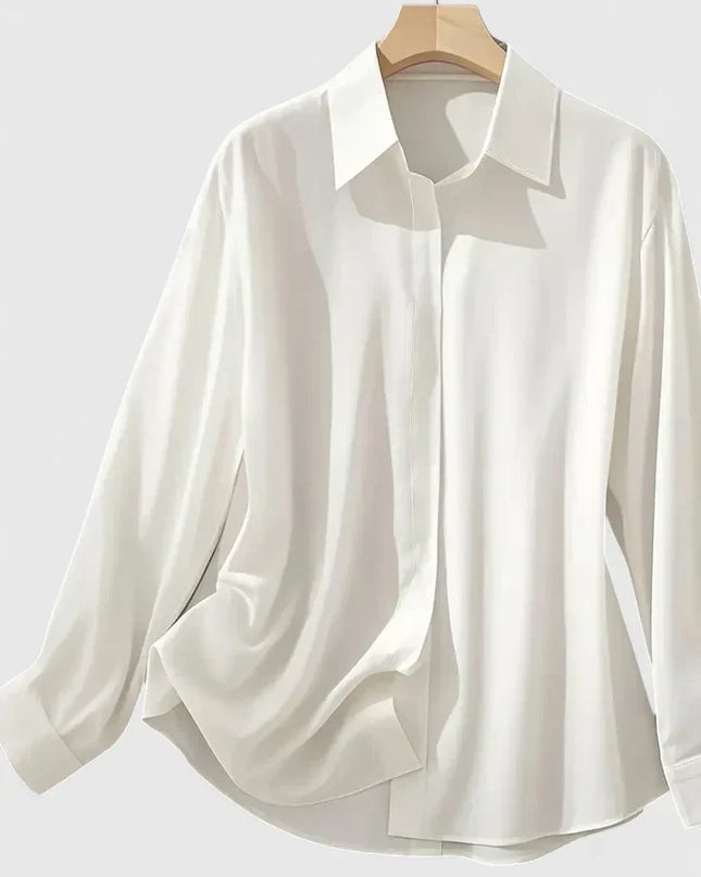 Women's Satin Concealed-Button Shirt with Point Collar and Fitted Cuffs