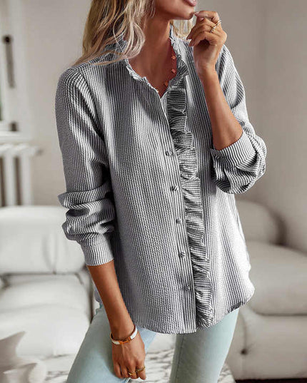 Women's Textured Button-Down Blouse with Ruffle Trim Collar and Placket