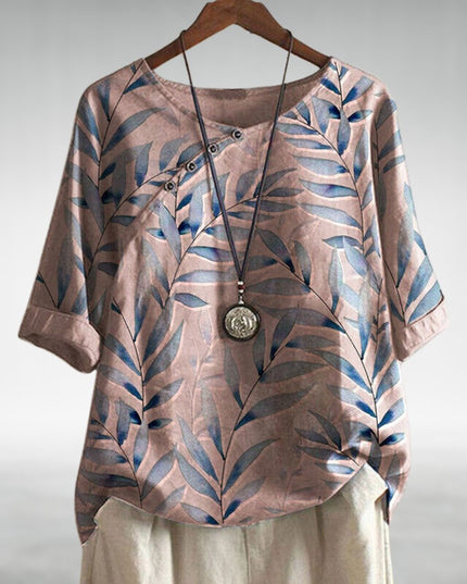 Women's Leaf Print Linen-Look Top with Button Neck Detail and Rolled Sleeves