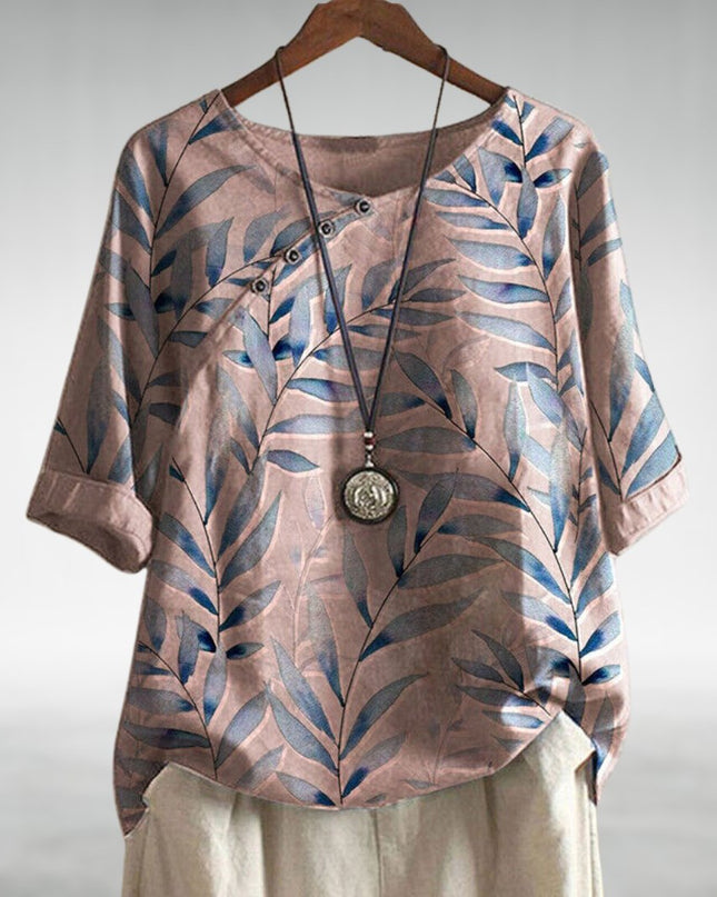 Women's Leaf Print Linen-Look Top with Button Neck Detail and Rolled Sleeves