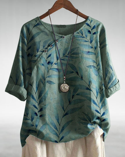 Women's Leaf Print Linen-Look Top with Button Neck Detail and Rolled Sleeves