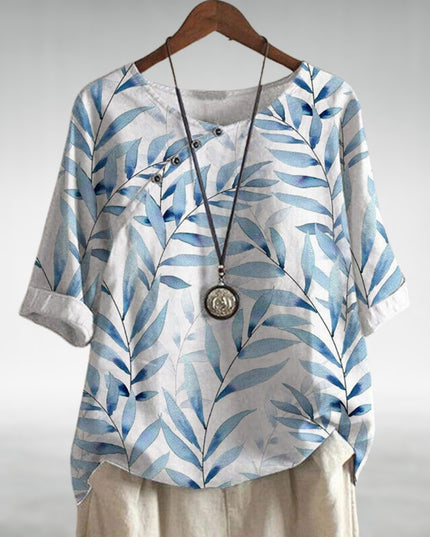 Women's Leaf Print Linen-Look Top with Button Neck Detail and Rolled Sleeves