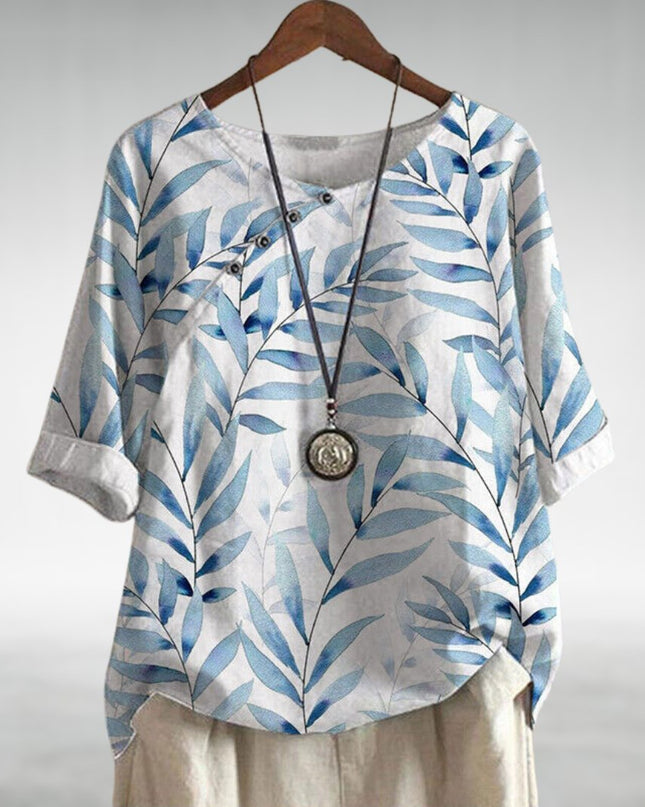 Women's Leaf Print Linen-Look Top with Button Neck Detail and Rolled Sleeves