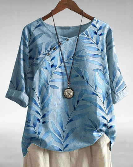 Women's Leaf Print Linen-Look Top with Button Neck Detail and Rolled Sleeves