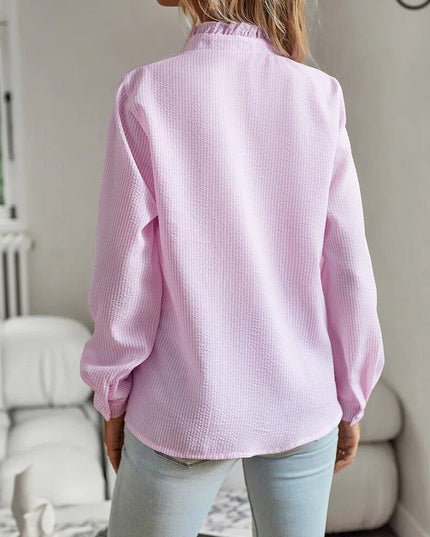 Women's Textured Button-Down Blouse with Ruffle Trim Collar and Placket