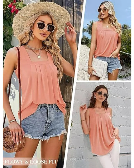 Women's Square Neck Pleated Tank Top with Curved Hem