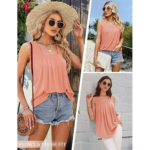 Women's Square Neck Pleated Tank Top with Curved Hem