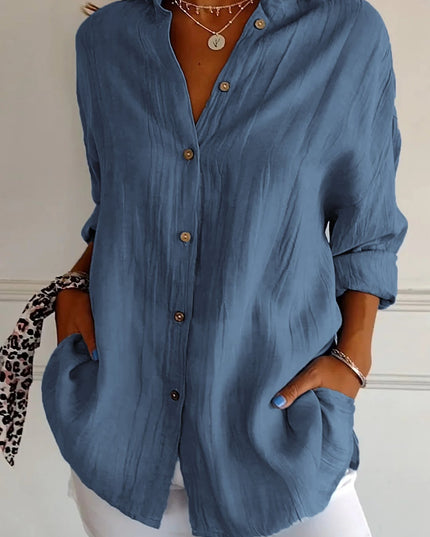 Women's Linen-Look Button-Down Shirt with Stand Collar and Front Pockets