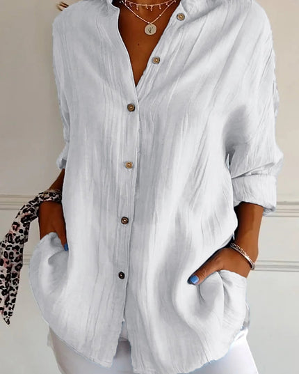 Women's Linen-Look Button-Down Shirt with Stand Collar and Front Pockets