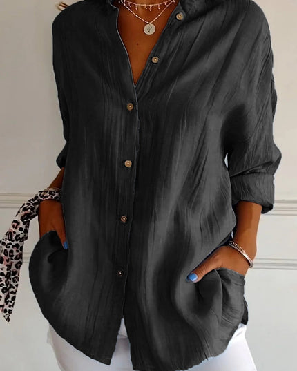Women's Linen-Look Button-Down Shirt with Stand Collar and Front Pockets