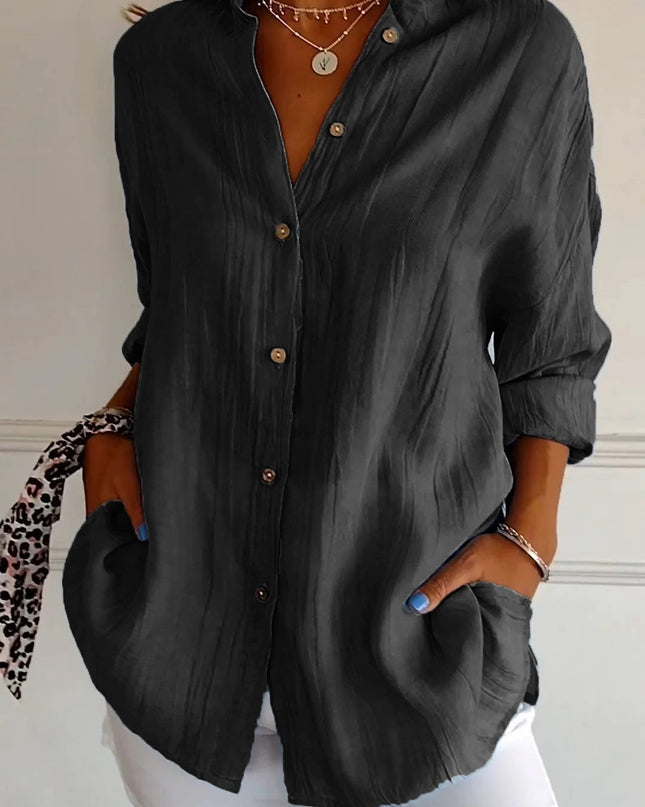 Women's Linen-Look Button-Down Shirt with Stand Collar and Front Pockets