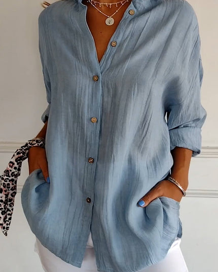 Women's Linen-Look Button-Down Shirt with Stand Collar and Front Pockets