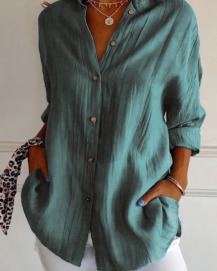 Women's Linen-Look Button-Down Shirt with Stand Collar and Front Pockets