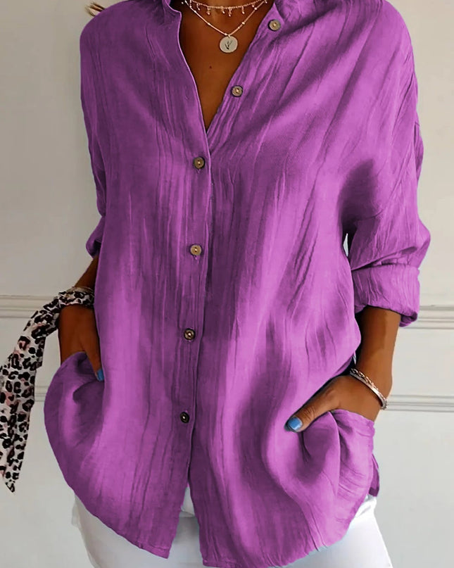Women's Linen-Look Button-Down Shirt with Stand Collar and Front Pockets