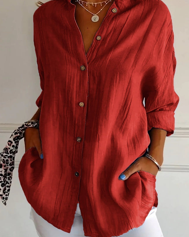 Women's Linen-Look Button-Down Shirt with Stand Collar and Front Pockets