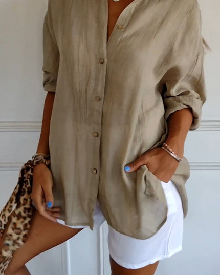Women's Linen-Look Button-Down Shirt with Stand Collar and Front Pockets