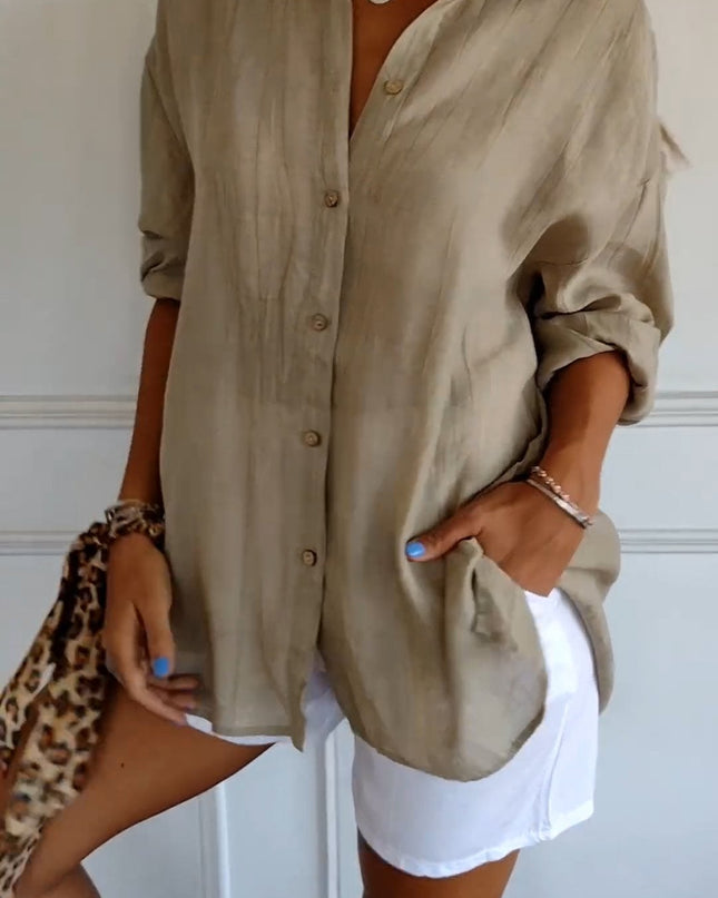 Women's Linen-Look Button-Down Shirt with Stand Collar and Front Pockets