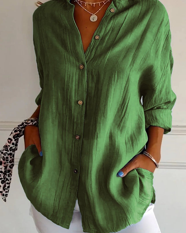 Women's Linen-Look Button-Down Shirt with Stand Collar and Front Pockets