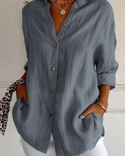 Women's Linen-Look Button-Down Shirt with Stand Collar and Front Pockets
