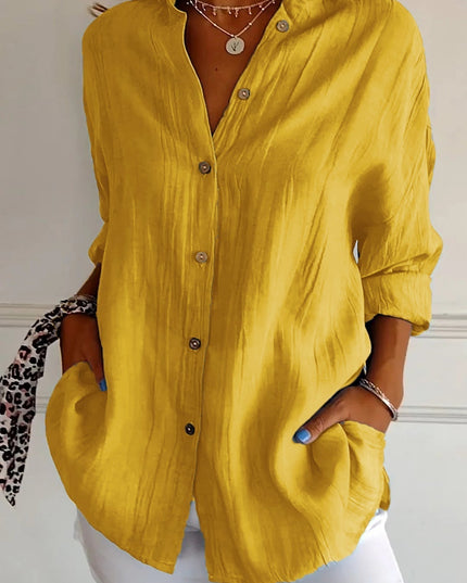 Women's Linen-Look Button-Down Shirt with Stand Collar and Front Pockets