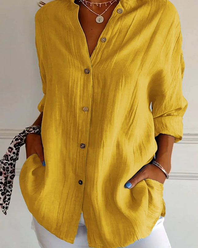 Women's Linen-Look Button-Down Shirt with Stand Collar and Front Pockets