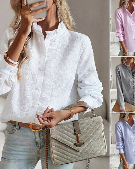Women's Textured Button-Down Blouse with Ruffle Trim Collar and Placket